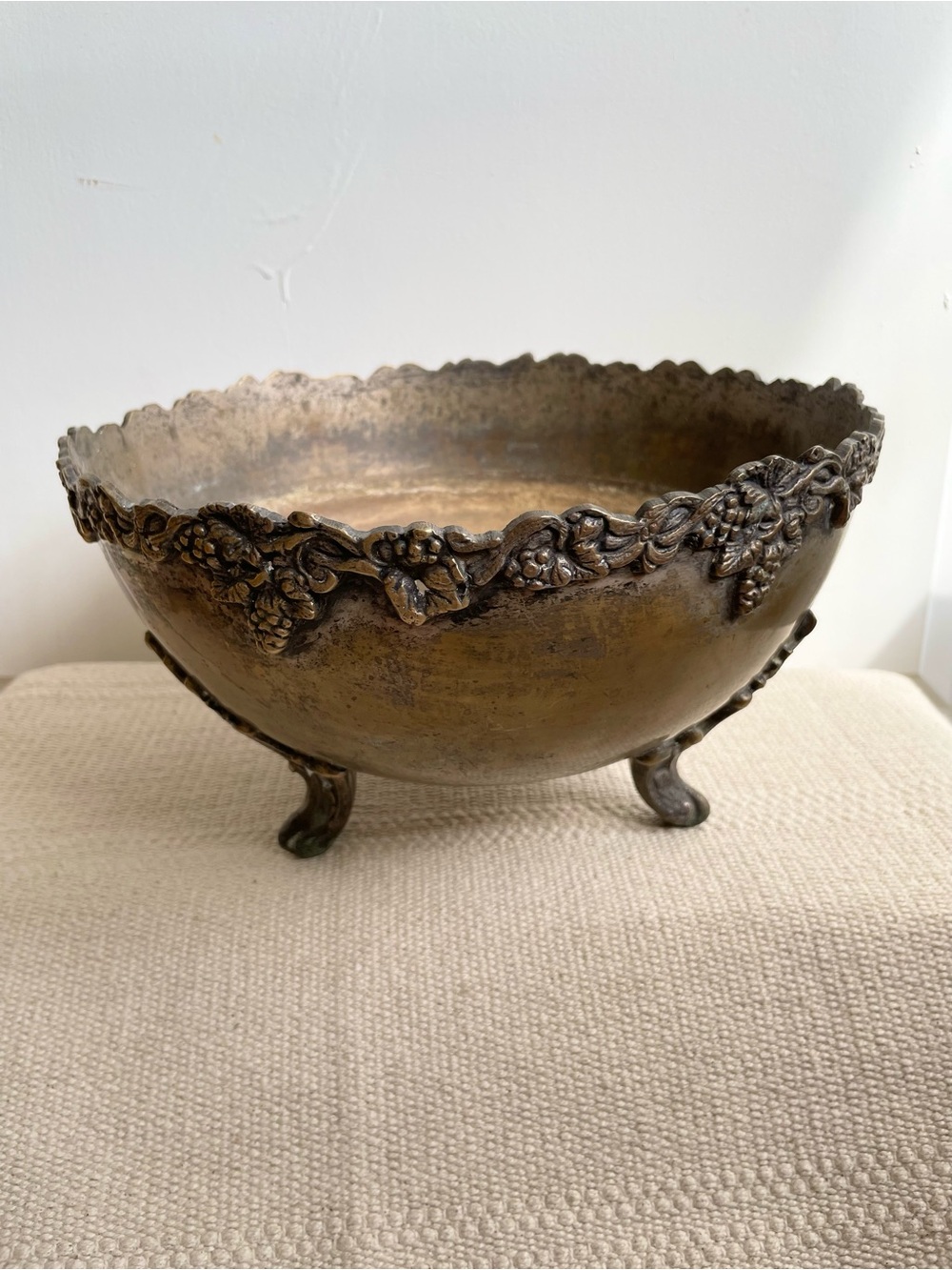 French Brass Champagne Vasque Footed Bowl Grape Motif 1900s Antique